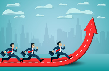 Leadership concept. Businessman run competition on arrow red and white. go to success goal. business finance concept. creative idea. illustration cartoon vector