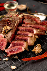rare steak Porterhouse salt rosemary garlic