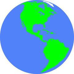 Planet Earth with silhouettes of North and South America. Continents are green.