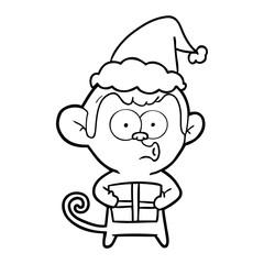 line drawing of a christmas monkey wearing santa hat