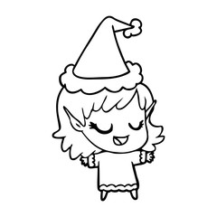 happy line drawing of a elf girl wearing santa hat