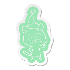 cartoon  sticker of a nervous cat wearing santa hat
