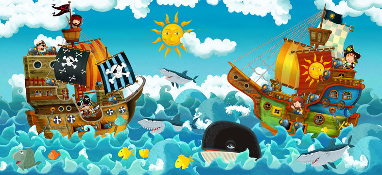 cartoon scene with pirates on the sea battle - illustration for the children © honeyflavour