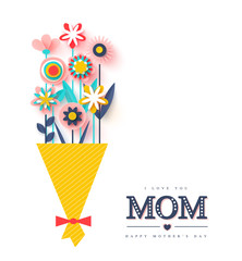 Happy Mothers day greeting card. Paper cut flowers, holiday background. Vector illustration.