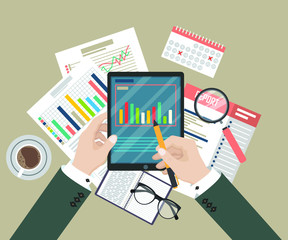 Auditing concept vector illustration. Tax process. Business background. Flat design of analysis, data, accounting, planning, management, research, calculation, reporting, project management.
