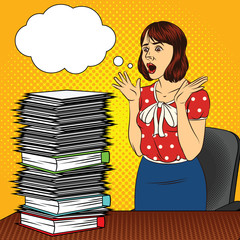 Color vector pop art comic style illustration of a girl in the office. The girl at the desk. Busy woman doing office work. Worker with a lot of documents on the table. Women's stressful face