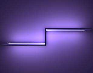 Shelf with a embed light on a violet wall. Abstract background. Template for poster. 3D rendering.