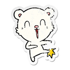 distressed sticker of a happy cartoon polar bear kicking