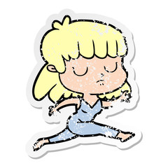 distressed sticker of a cartoon indifferent woman running