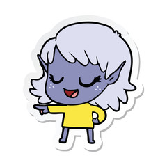 sticker of a happy cartoon elf girl pointing