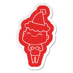 happy cartoon  sticker of a bald man wearing santa hat