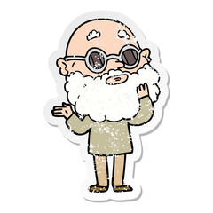 distressed sticker of a cartoon curious man with beard and glasses