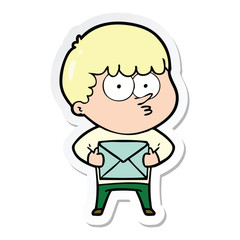 sticker of a cartoon curious boy carrying a gift
