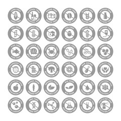 Food ingredients free, gluten, dairy free, organic, vegetarian food label set. Corn, soy, alcohol, sugar free circle vector badge sign set for packaging instructions.
