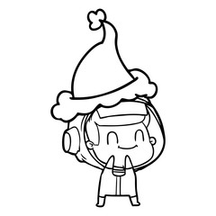 happy line drawing of a astronaut wearing santa hat