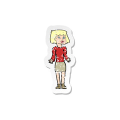 retro distressed sticker of a cartoon woman shrugging shoulders