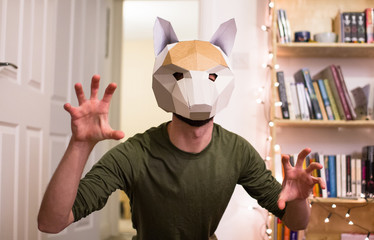 A man poses like an animal while wearing a fox mask carefully made from cardboard cutouts.
