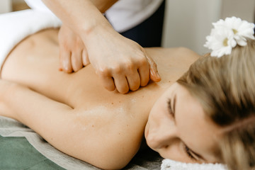 Fototapeta na wymiar Masseur doing back massage to young woman.