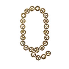 Alphabet letter Q made of metal gears. Isolated on white background. Steampunk style