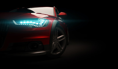 Stylish car on a black background with led lights on. Futuristic modern vehicle head light xenon on dark. 3d render