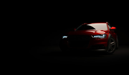 Stylish car on a black background with led lights on. Futuristic modern vehicle head light xenon on dark. 3d render - obrazy, fototapety, plakaty