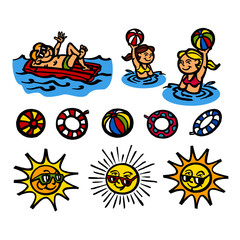 Summer sport and relax, kids, balloons, swimming rings, sun, set of color icons