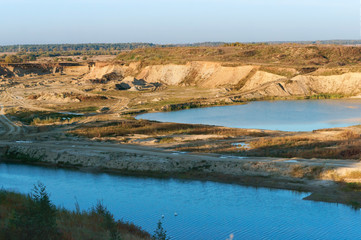 Sand mining and extraction. Sand quarry. Development and extraction of construction sand.
