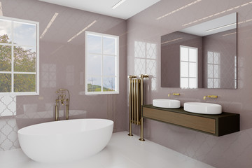 Bathroom with large windows and decorative purple tiles. Golden plumbing.. 3D rendering