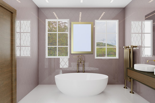 Bathroom with large windows and decorative purple tiles. Golden plumbing.. Blank paintings.  Mockup. 3D rendering