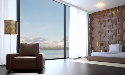 Light, cute and cozy home bedroom interior. 3D rendering