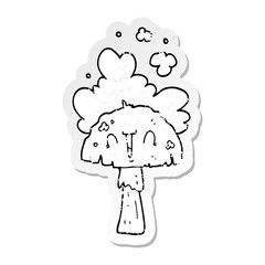 distressed sticker of a cartoon mushroom with spoor cloud