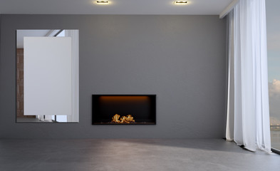 Empty interior with a fireplace on the background of wooden walls. Large panoramic window on the background of the city. 3D rendering. Blank paintings.  Mockup.