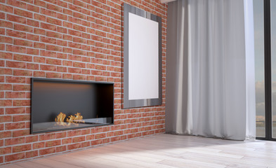 Empty living room with wooden and brick walls. Big window. Modern fireplace.. 3D rendering. Blank paintings.  Mockup.