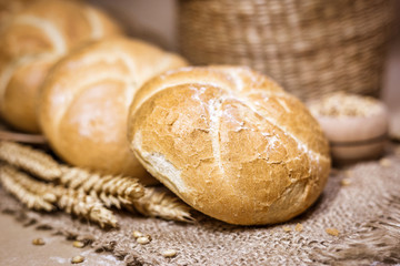 Fresh bread and wheat on a rustic background