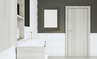 Bathroom with brown walls and white tiles. Gray  furniture. Large interior door. 3D rendering. Mockup. Blank paintings.