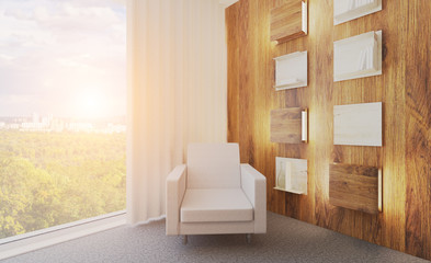 Resting place of employees in wooden style. Modern office with large windows on the background of the metropolis 3D rendering. Sunset. mockup