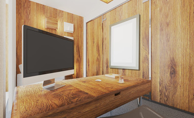 Modern office with wooden partitions. 3D rendering. Blank paintings. mockup