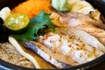 sashimi raw fish seafood rice bowl - sashimi on rice, donburi, japanese food