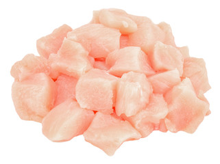 Heap of small piece raw chicken isolated on white background