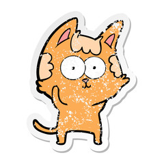 distressed sticker of a happy cartoon cat