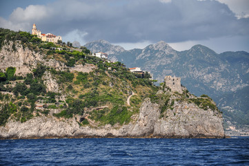Fototapeta na wymiar The San Pancrazio Martire church and Capo di Conca cliff panorama