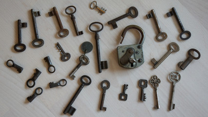 old decorative keys collection with lock