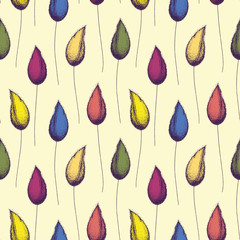Multicolor hand drawn flower buds and stems in vintage half drop style design on light cream background. Seamless vector pattern. Perfect for stationery, fabric, giftwrap, gardening products