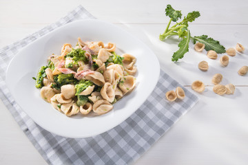 Tipical dish of Apulia region pasta Orecchiette with turnip greens and salted anchovies, top view,...