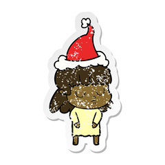 distressed sticker cartoon of a indifferent woman wearing santa hat