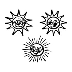 Sun with face and sunglasses, summer, vacation, sunbathing, black and white icon set