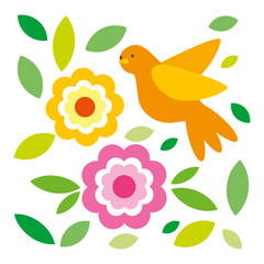Flowers leaves and bird