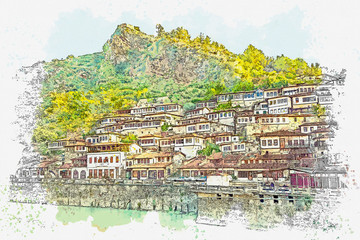 Watercolor sketch or illustration of a beautiful view of the urban architecture in Berat, Albania