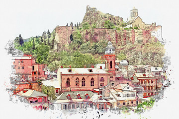 Watercolor sketch or illustration of a beautiful view of the ancient city architecture in Tbilisi in Georgia - obrazy, fototapety, plakaty