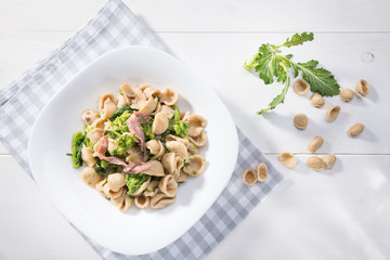 Tipical dish of Apulia region pasta Orecchiette with turnip greens and salted anchovies, top view,...